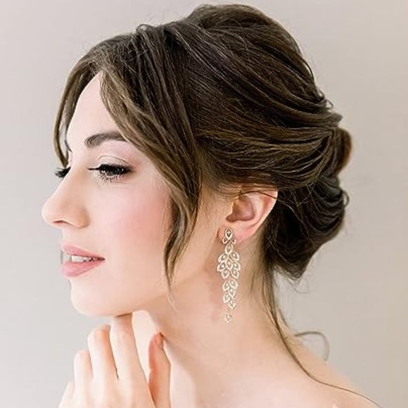 Chandelier Pave Leaves Rhinestone CZ Crystal Gold Earrings Bridal Formal New - Picture 2 of 6